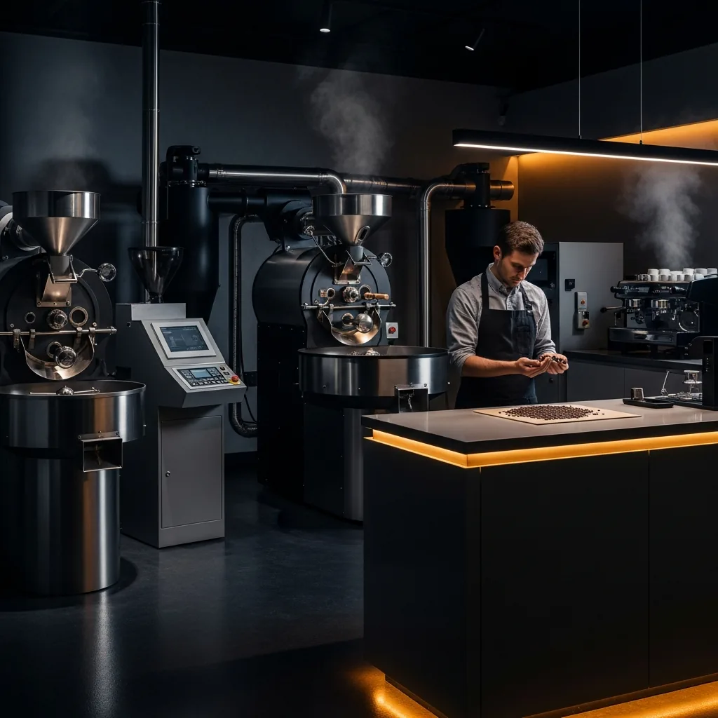 Kaffeeröster prüft Bohnen neben modernen Trommelröstern
